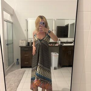 Boho Print V-Neck Maxi Dress - Olive, Blue & Pink